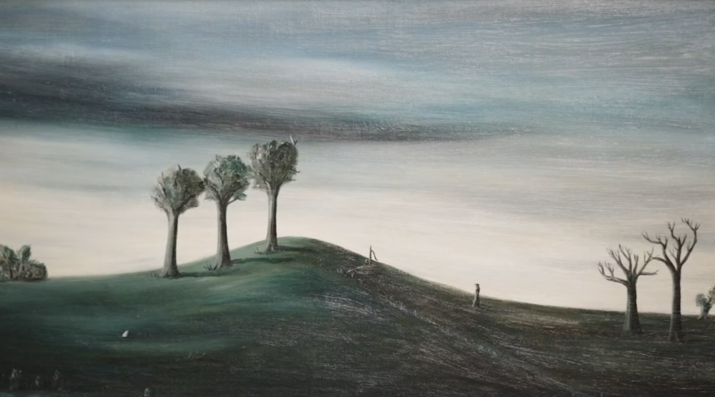 A detail of a landscape painting.